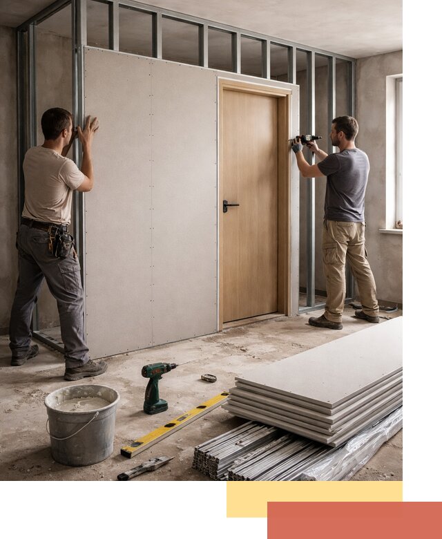 Перегородка из гипсокартона с дверью под ключ в Коврове