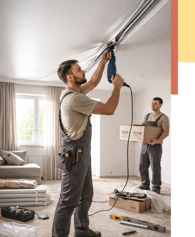 Монтаж сатинового натяжного потолка в Коврове от 3581 руб. | Быстро, недорого — ОТДЕЛОЧНИК-Квр