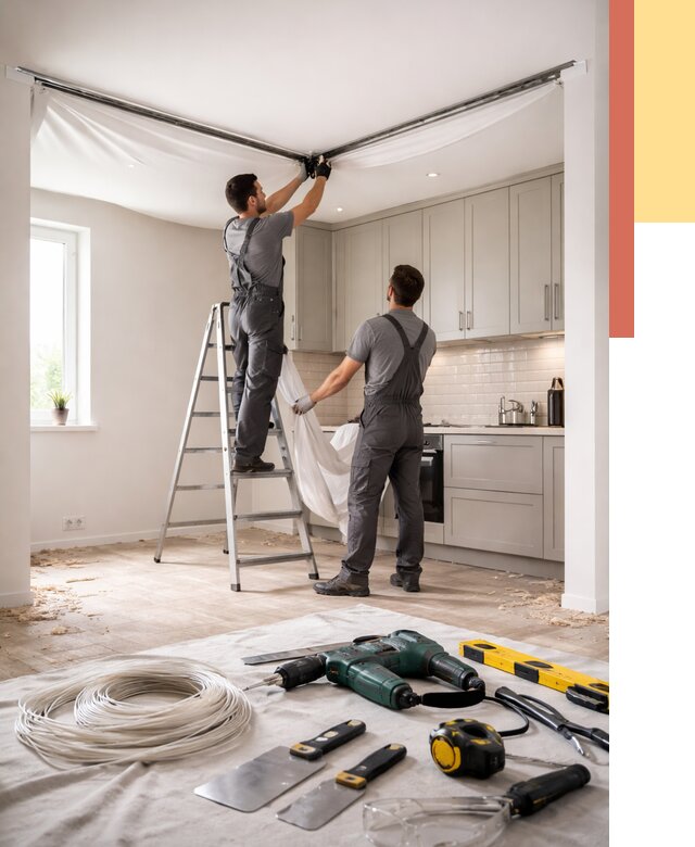 Установка натяжного потолка на кухне в Коврове от 2456 руб. | ОТДЕЛОЧНИК-Квр