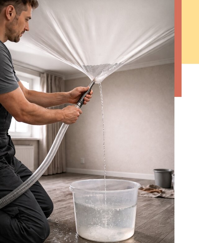 Слив воды с натяжного потолка в Коврове от 2558 руб. быстро и недорого | ОТДЕЛОЧНИК-Квр