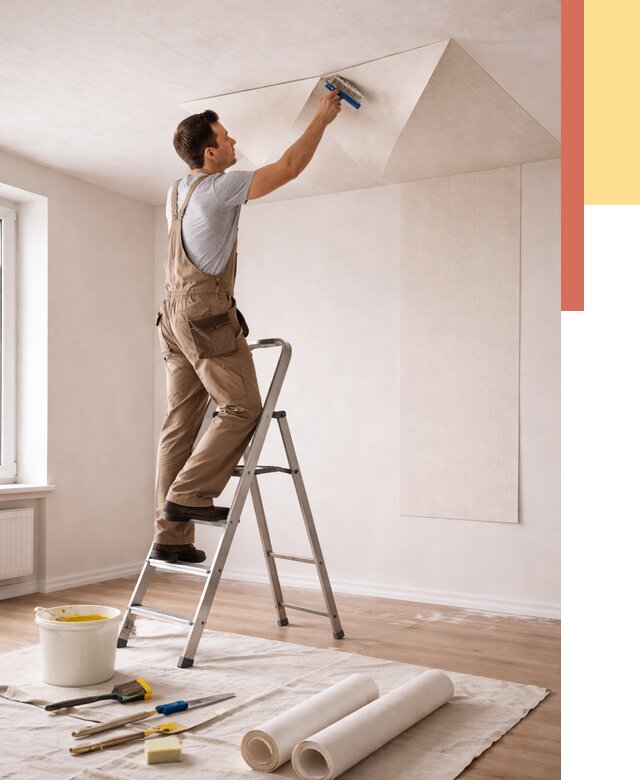 Поклейка обоев на потолок в Коврове от 4604 руб. быстро и недорого | ОТДЕЛОЧНИК-Квр